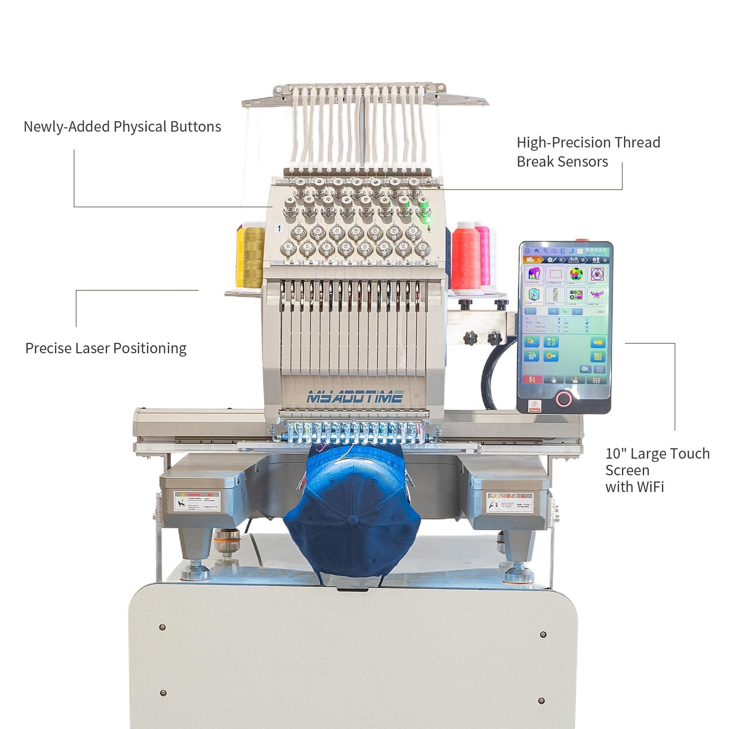 15 Needles Embroidery Machine 15.7x19.6" Large Embroidery Area, 1000SPM Max Speed, Full Aluminum Body, 10" Touch Screen, Small Business Commercial Embroidery Machine for 3D Caps, Flat, T-shirt