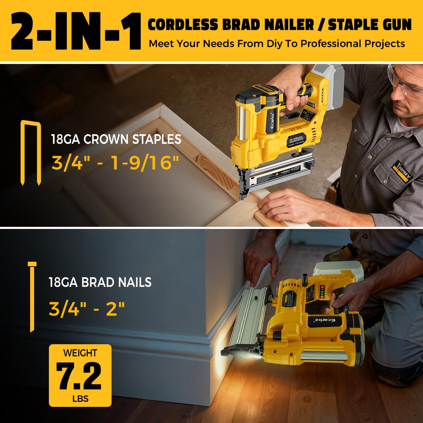 Ecarke Cordless 2" Brad Nailer Compatible with DeWalt 20V Battery(Tool only), 2 in 1 Electric Nail Gun Staple Gun with 18GA Nails, Power Nail Gun for Trim Wood Crafting Home Carpentry, 7.2LBS