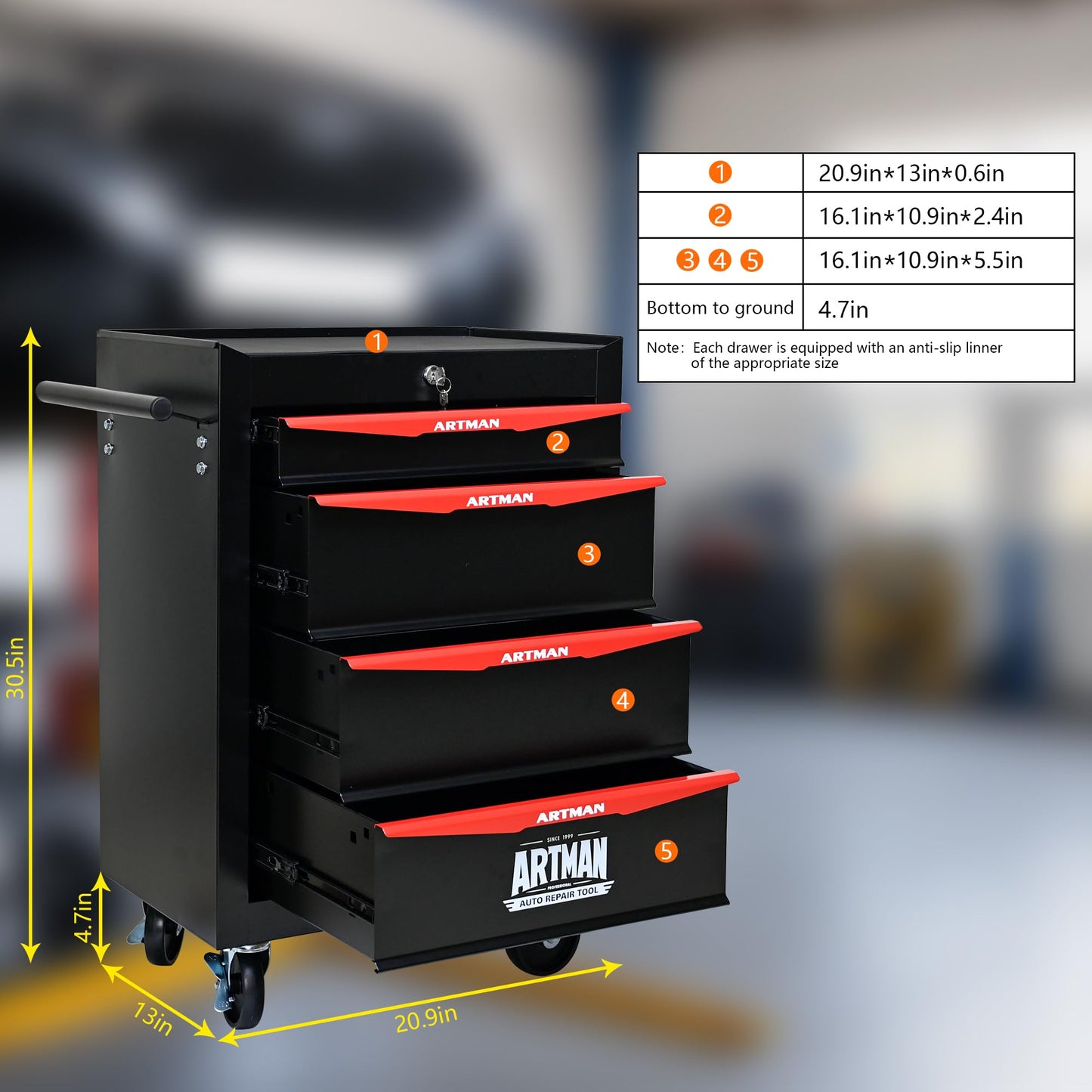 RYH 4/5/6/7 Drawers Rolling Tool Chest - Heavy Duty Mobile Tool Cart with Locking Wheels & Ball Bearing Drawers, 30.5" H x 20.9" W x13 D Garage Tool Storage Cabinet，Metal Tool Box (Black, 4 Drawers)