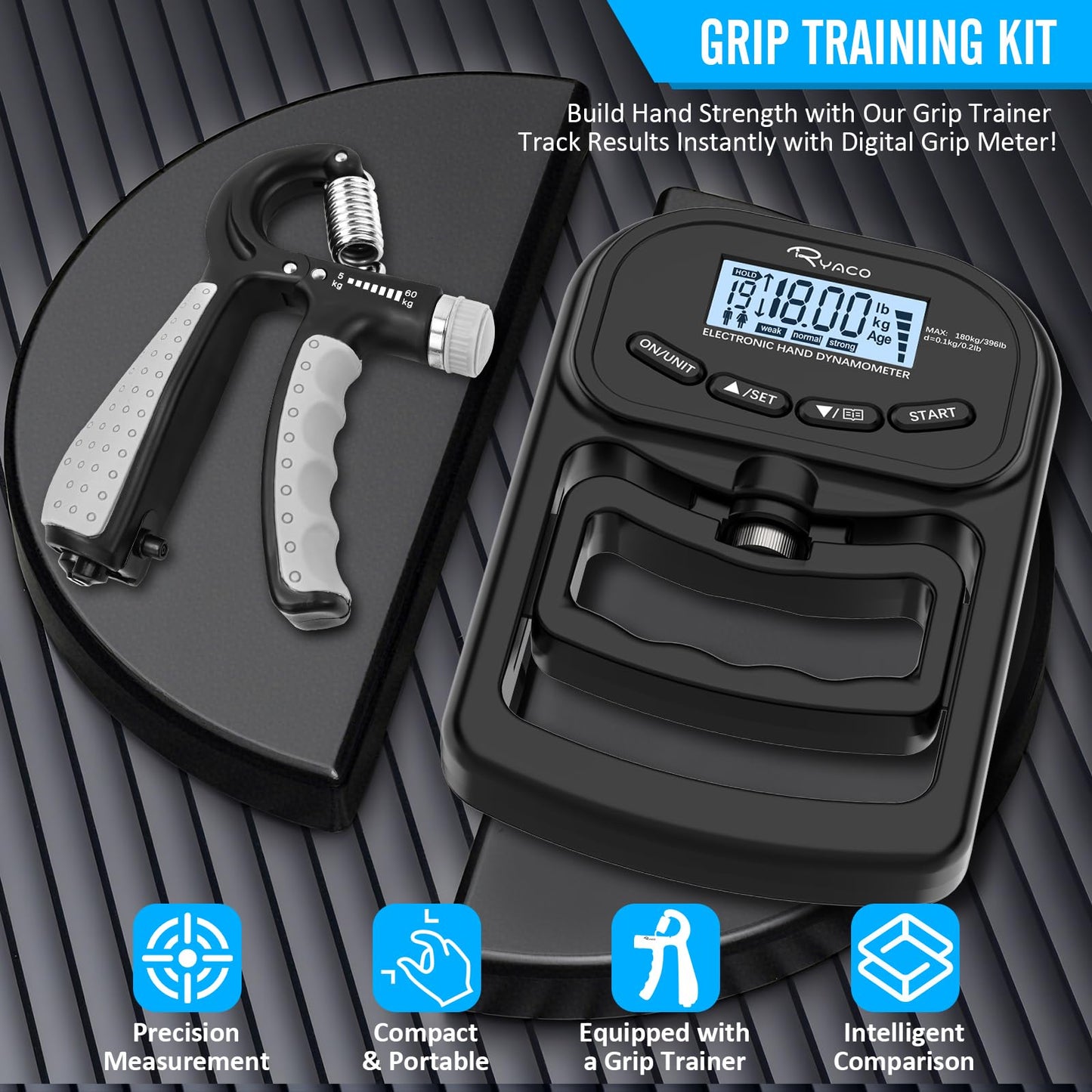 Ryaco Grip Strength Tester With Adjustable Hand Gripper, 396lbs/180kg Digital Hand Dynamometer Grip Strength Trainer Set Electronic Hand Grip Strengthener with LCD Display for Rehab Fitness Home Use
