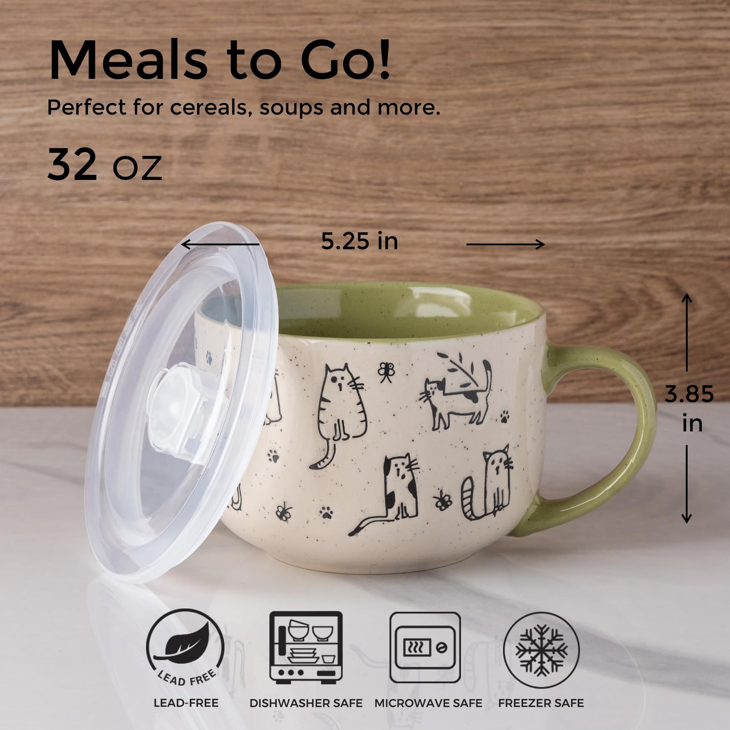 AmorArc 32 Ounces Ceramic Soup Mugs with Lids and Handle, Stoneware Bowls Cup Set of 2 for Soup, Stew, Noodle, Beautiful Mug Bowls With Lovely Dog,Cat Patterns, Microwave&Dishwasher Safe, Olive