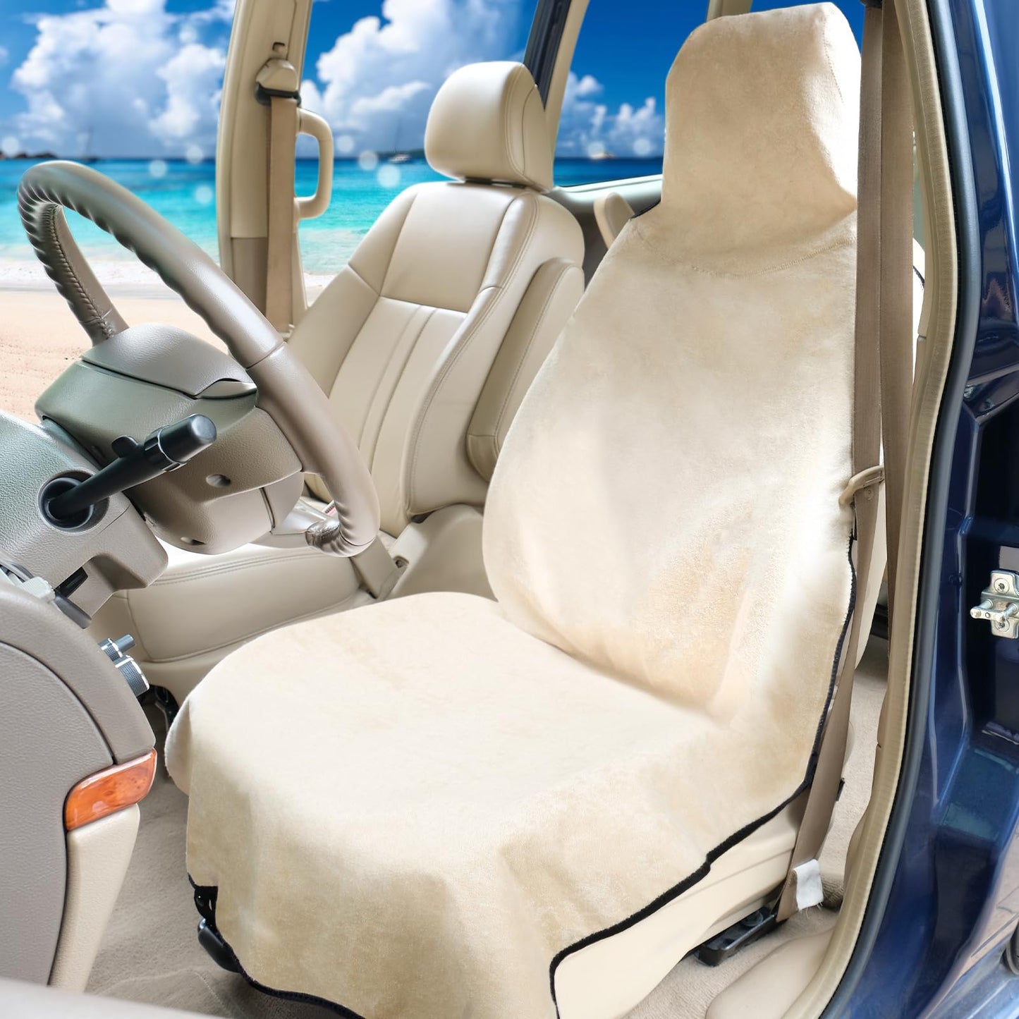 DREAMANIA Waterproof Seat Cover Towel, 2PCS Premium Sweat Carseat Protector, Perfect for Universal Anti-Slip Car Truck SUV Seat, Great for Surfing Yoga Gym Workout, Tan