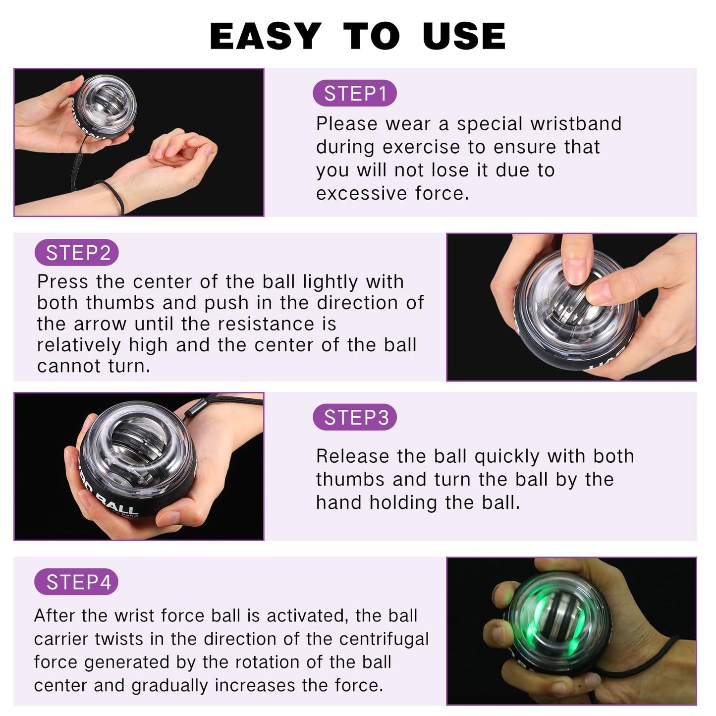 Glimin 4 Pcs Wrist Trainer Ball Auto Start Hand Gyro Ball Wrist Strengthener Self Starting Forearm Exerciser with Bag and Strap for Strengthening Arms Fingers Wrist Training (Black,Lighted)