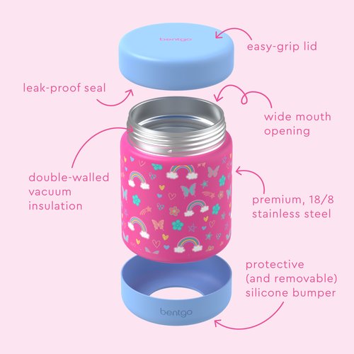 Bentgo Kids Stainless Steel Food Jar - 11oz Leak-Proof Double Insulated Hot or Cold Food Container with Removable Silicone Bumper, Dishwasher Safe, Easy Open Lid, Ages 3+ (Rainbows and Butterflies)