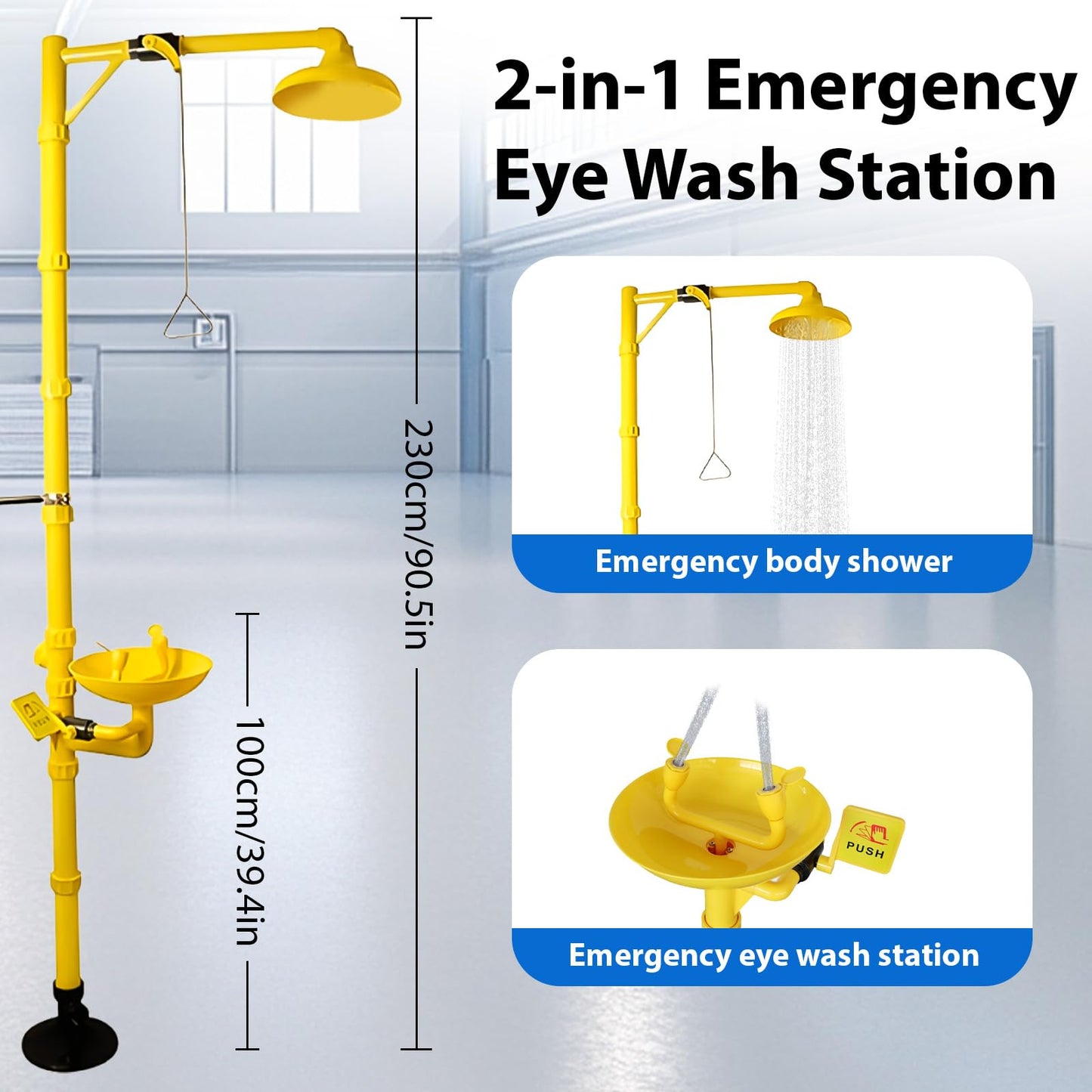 Emergency Shower Eye Wash Station Safty Shower Combination Eye Wash Station, NPT Thread with Emergency Sign First Aid Eyewash Station (ABS)