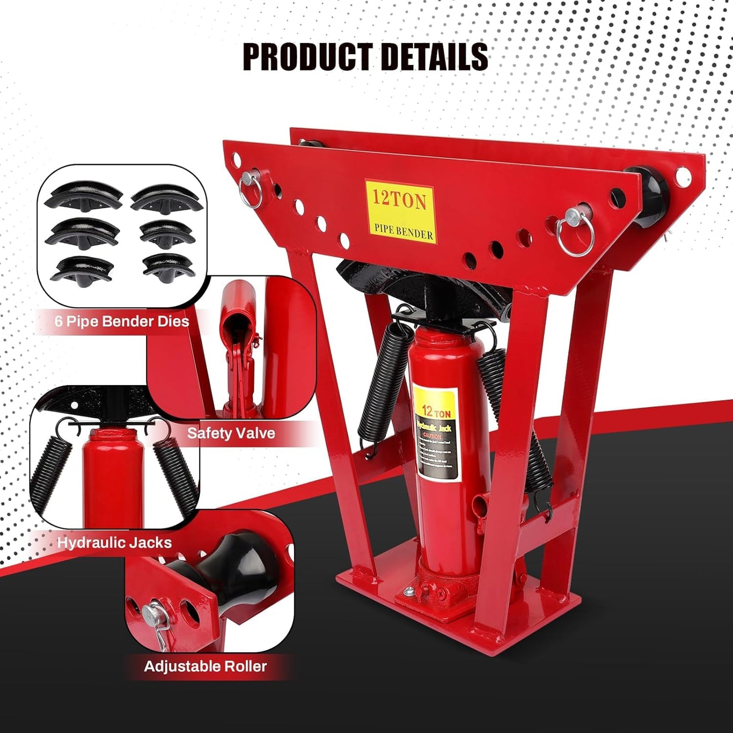 Hydraulic Pipe Bender, 12 Ton Manual Copper Tube Bender 90°-180° Bending Adjustable tubing bender hydraulic with 6 Dies(1/2",3/4",1",1-1/4",1-1/2",2") for Steel Iron Metal Ratcheting