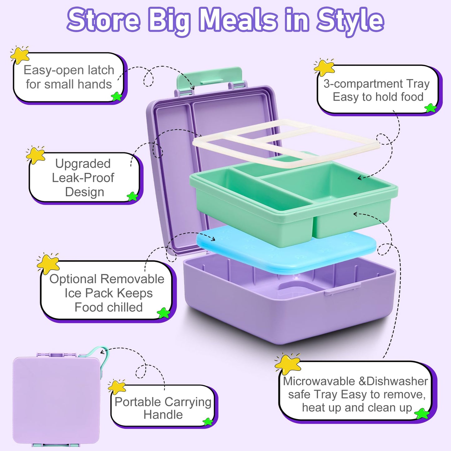 Bento Lunch Box for Kids with 17oz Soup Thermo,Insulated Tumbler Water Bottle and Insulated Lunch Bag,Leak-Proof 3 Compartment Lunch Food Container with Ice Pack for Kids to School-Purple