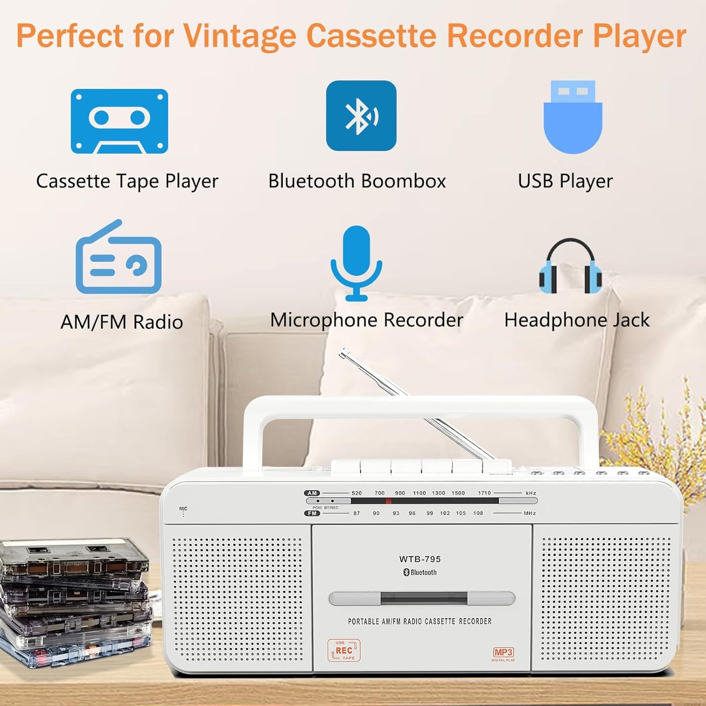 WISCENT Cassette Cassettes/USB Mic,Cassette MP3 Player Boombox, Portable AM/FM Radio Stereo with Bluetooth, USB, Dual