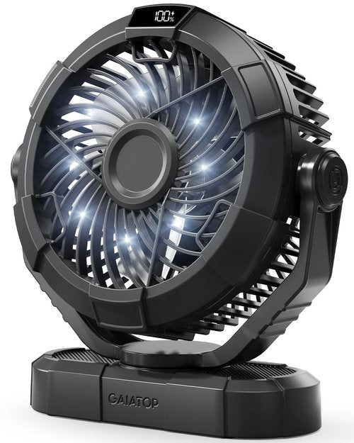 Gaiatop Portable Camping Fan with LED Lantern, Power Display 360° Head Rotation, Hanging Hook for Tent, 3 Speed Quiet Rechargeable, 4000mAh Battery Operated USB Fans for Indoor Outdoor Travel Black