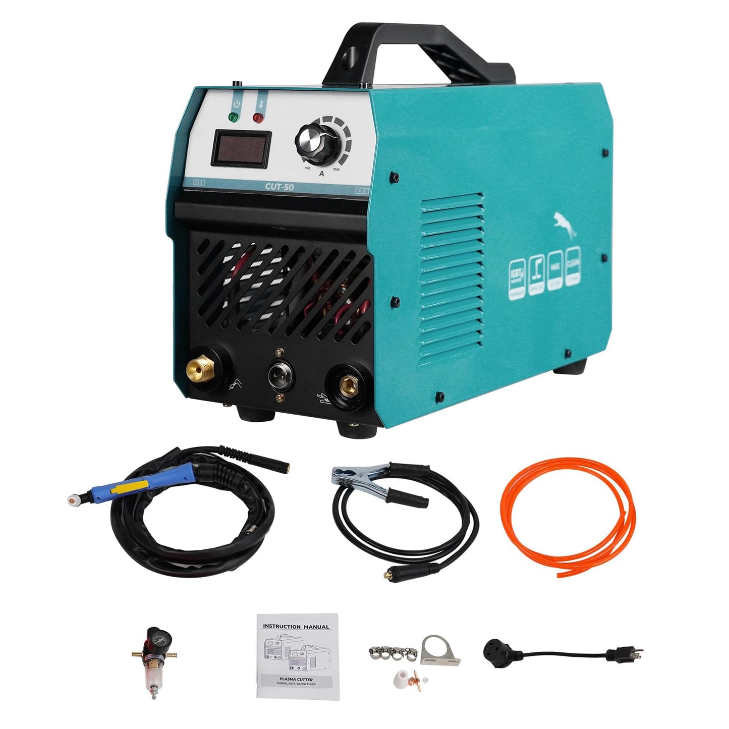 50 Amp Pilot Arc Plasma Cutter with Built-In Air Compressor, 110V/220V Dual HF High Frequency Portable Cutting Machine for Auto Body Repair, Home Workshop & DIY Projects
