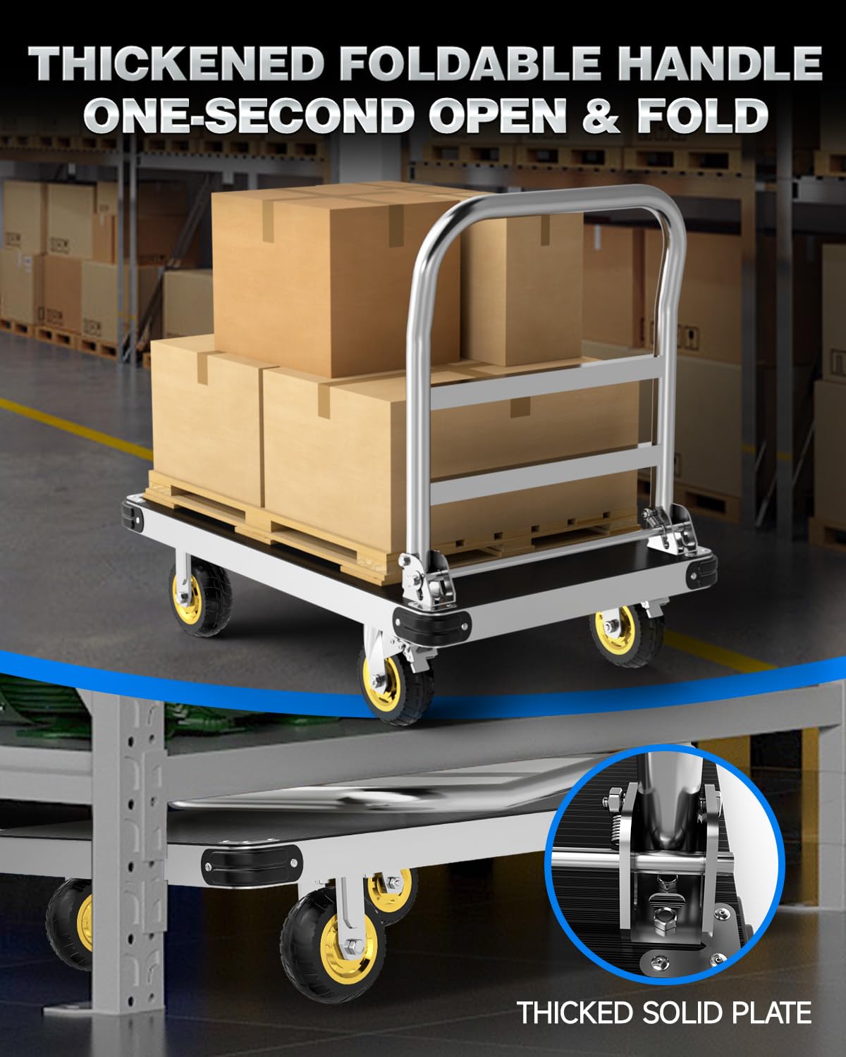 44"x28" Heavy Duty Platform Truck 2500LBS Capacity | 2mm Steel Deck + 3mm Anti-Slip Mat | Foldable Handles & Reinforced Chassis | Industrial Flat Dolly Cart for Warehouses, Factories, Garages