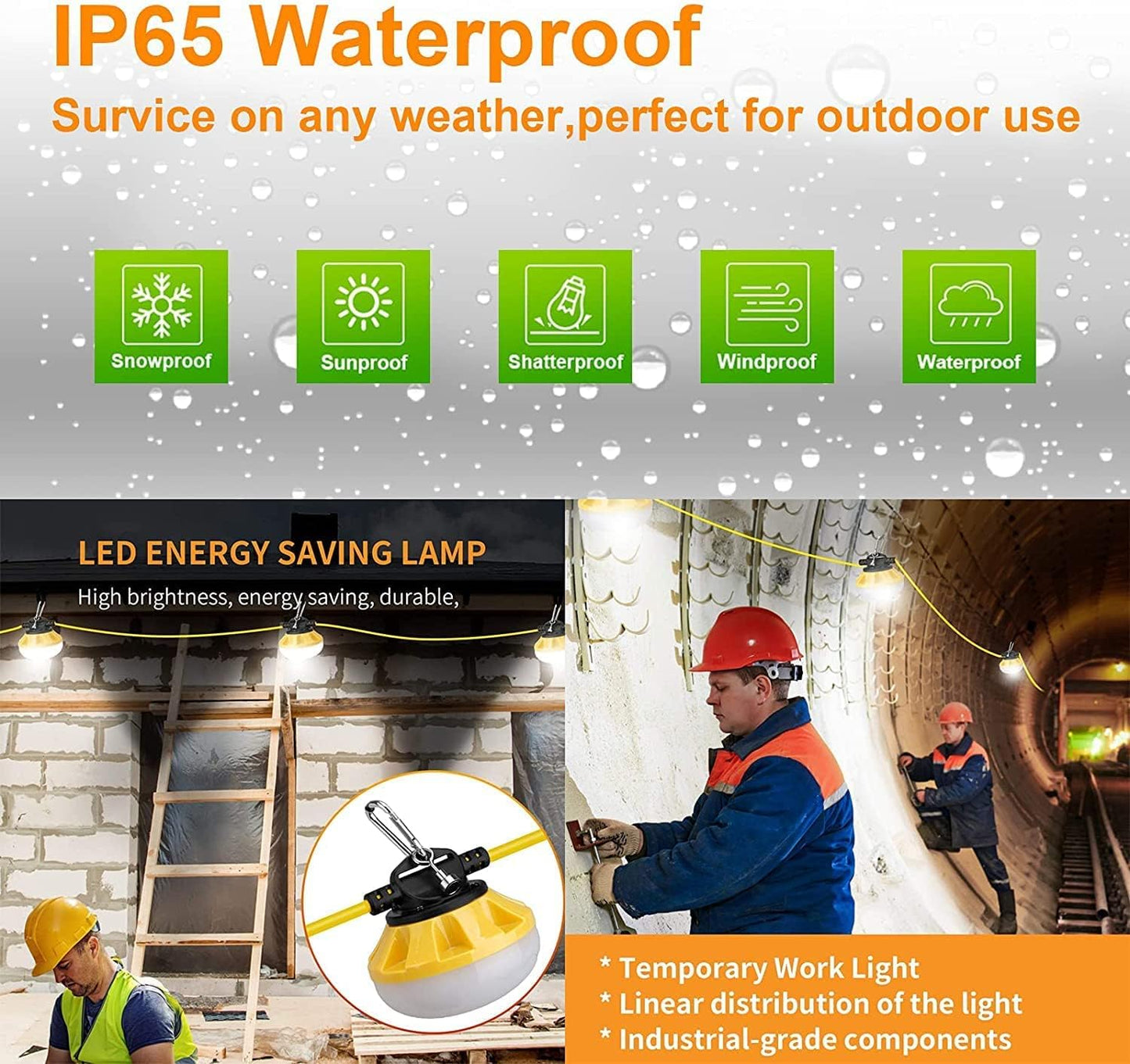 200FT Construction LED String Lights, Industrial Grade Best for Construction Sites, Renovation, Patio, Mine cave, Outdoor, and Other Outdoor Lighting Solutions Use, with Hook (200FT -20 Lights)