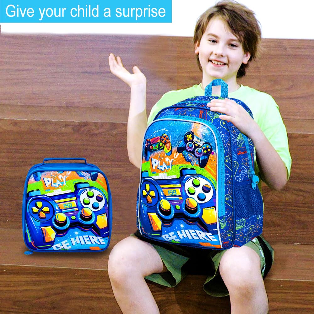 ZLYERT 16" Gamer Backpack for Boy, 3Pcs Gaming Kids Bookbag for Elementary Preschool Kindergarten, School Backpacks with Lunch Box(Blue)