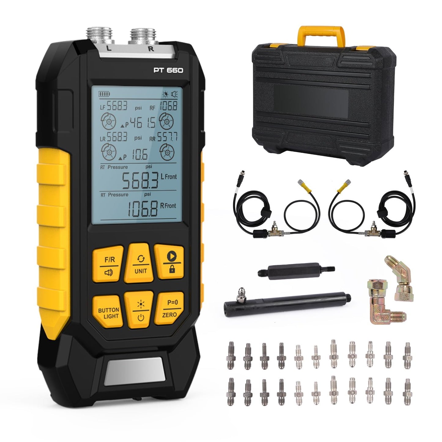 LINXINO Brake System Pressure Tester,Brake Pressure Tester,Brake Pressure Tester Kit,Handheld Manometer,Dual-Channel Pressure Measurement,Data Locking&Zeroing,Multiple Connectors,PT660