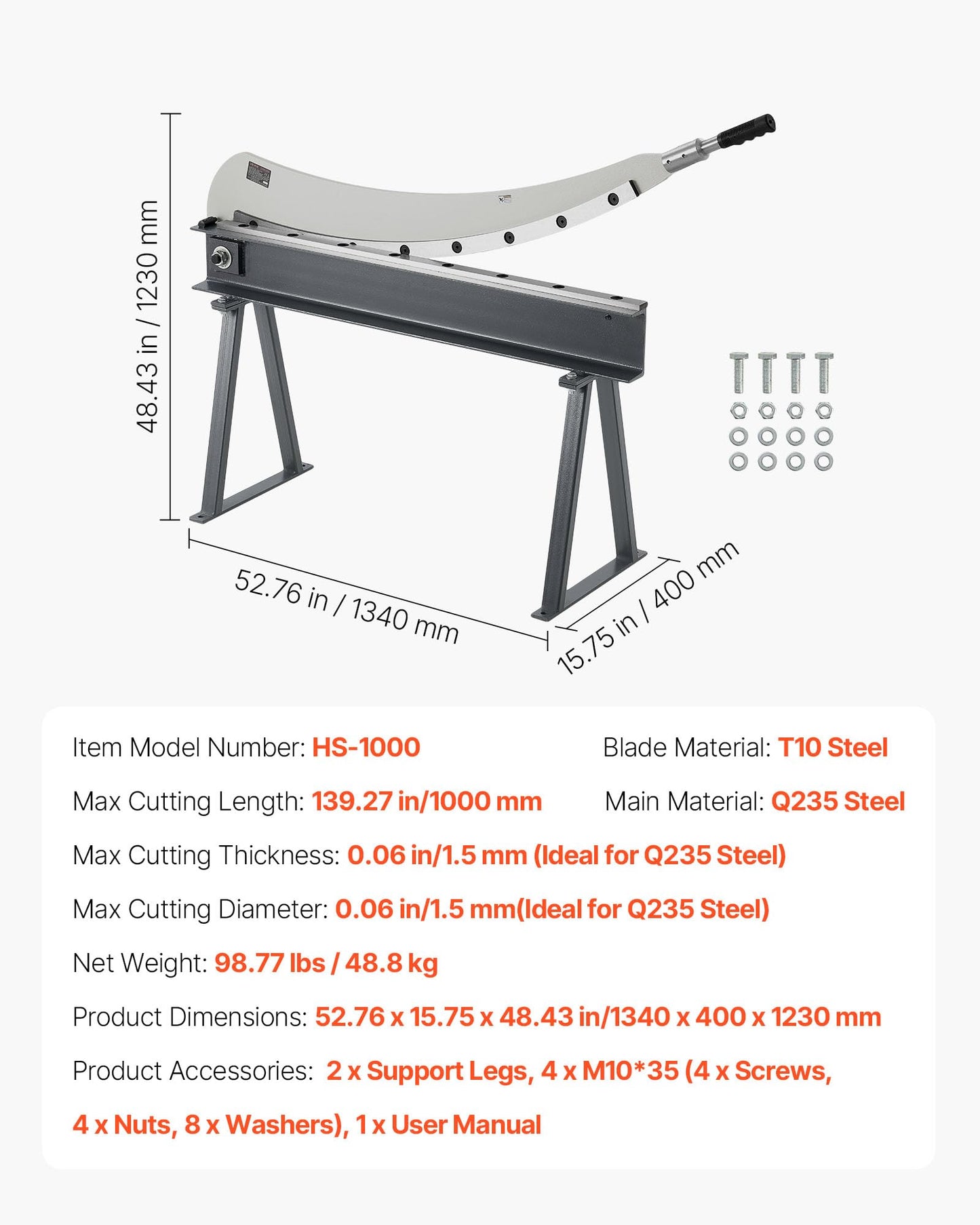 VEVOR Guillotine Shear, 39 in Bed Width Benchtop Cutter, Manual Hand Plate Shear for Metal Sheet Processing, with Q235 Material, High Precision, Stand, for PCB Board, Aluminum, Steel, Copper, Plastic