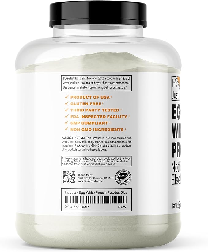 It's Just! - Egg White Protein Powder, Made in USA from Cage-Free Eggs, Dried Egg Whites, Unflavored (5lb)