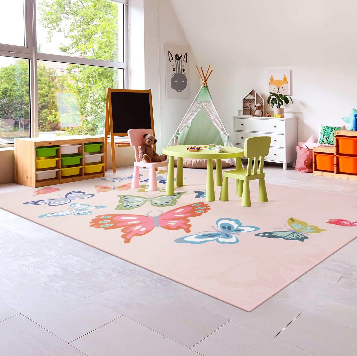 STARUIA Washable Pink Rugs for Girls Bedroom, 5x7 Soft Butterfly Rug Kids Rugs for Playroom Nursery, Non Slip Baby Toddler Carpet for Kids Room Daycare Tent Dorm Castle Indoor Decor