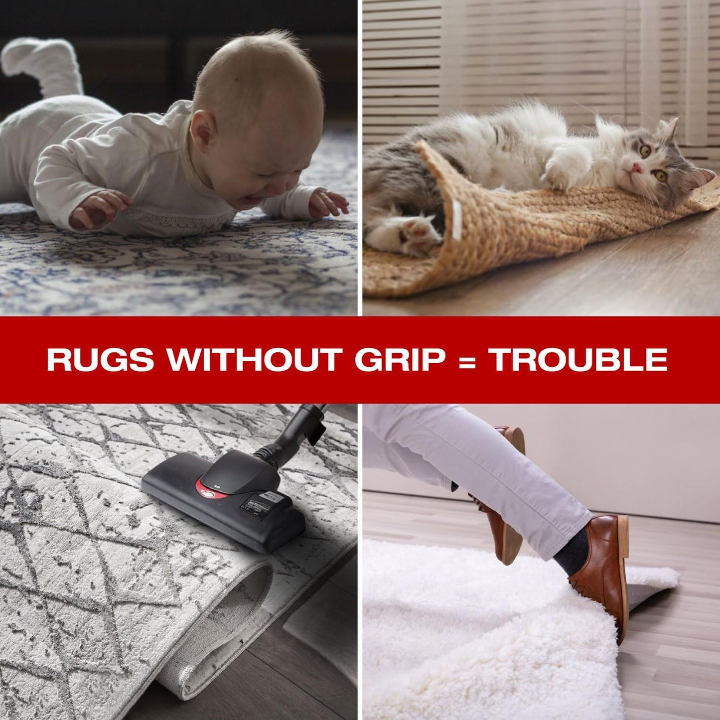 Reusable Rug Grippers - 12 Non-Slip Pads for Area Rugs | Double-Sided Adhesive Carpet Tape for Hardwood & Tile