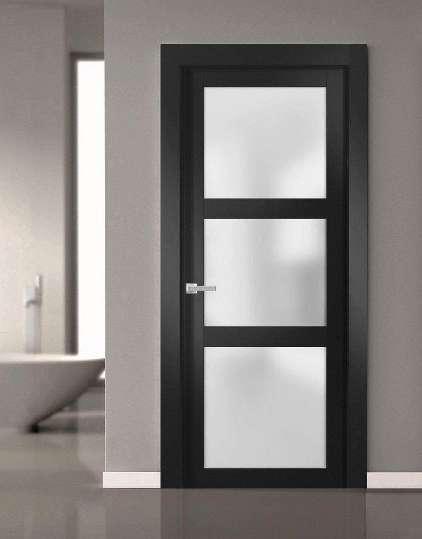 Solid French Door Frosted Glass 42 x 84 inches | Lucia 2552 Matte Black | Single Regular Panel Frame Trims Handle | Bathroom Bedroom Sturdy Doors