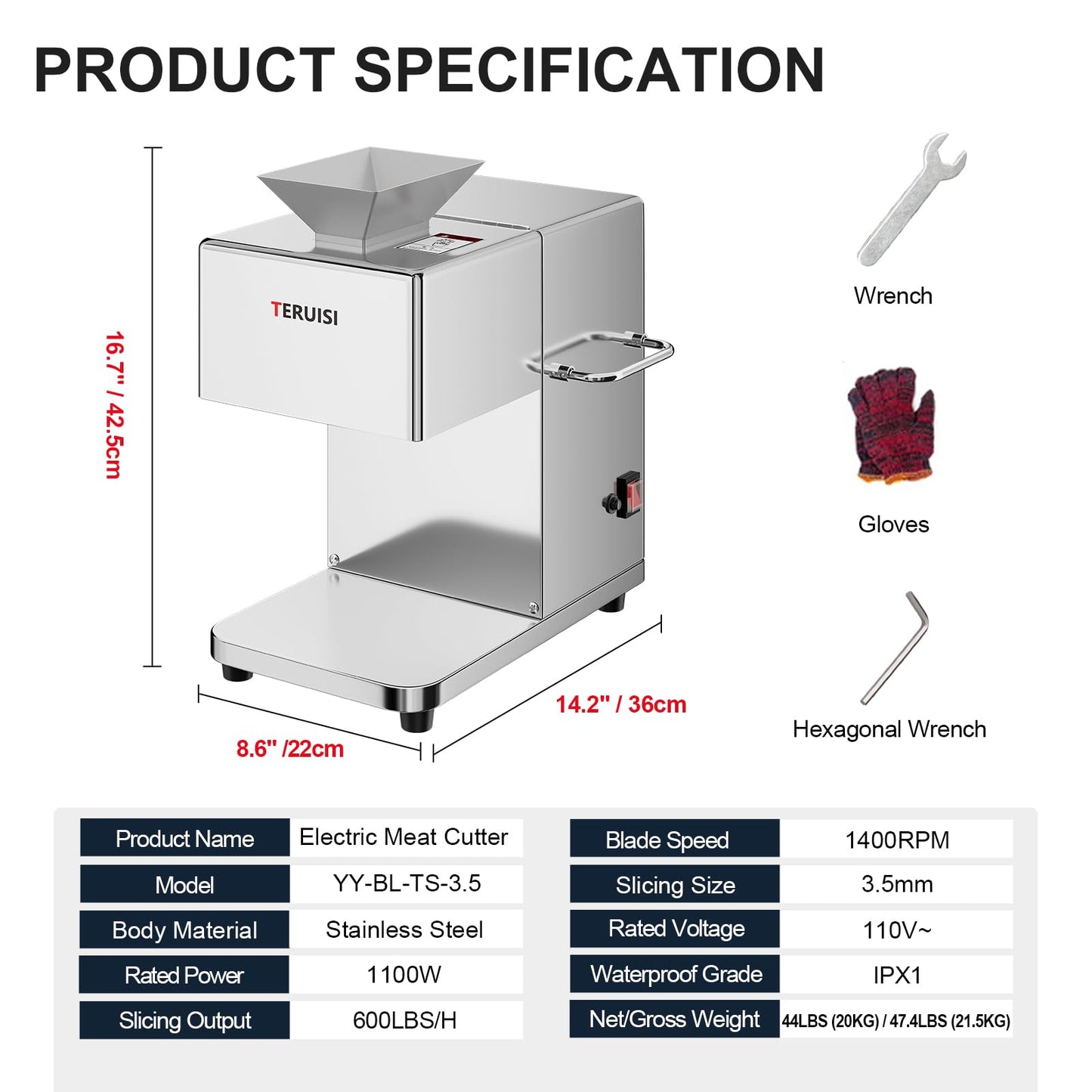 TERUISI Meat Cutter Machine, 1100W Commercial Meat Slicer with 600LBS/H Slicing Output, 3.5mm Electric Meat Slicer Cutting Machine with Removable Blade for Boneless Meat Soft Vegetables