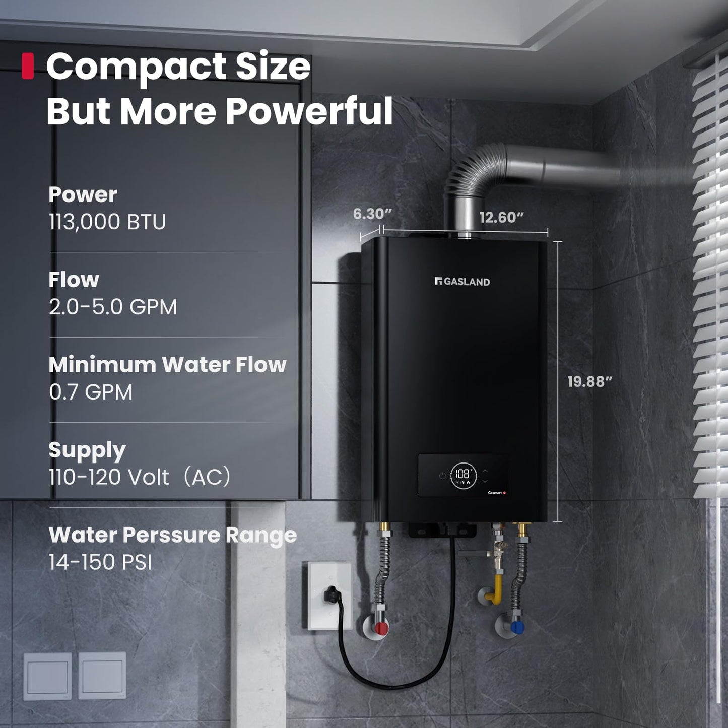 GASLAND Gasmart C Propane Gas Tankless Water Heater Indoor, Max 5 GPM 113,000 BTU,CSA Certified,On Demand Hot Water Heater with 3" Exhaust Pipe, 120 Volt, Black