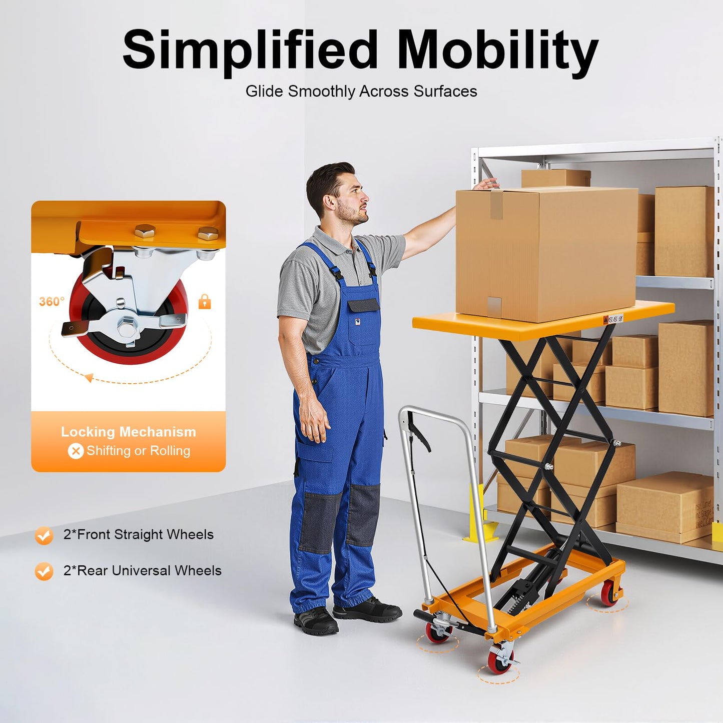 770LBS Hydraulic Lift Table Cart, 51" Lifting Height Hydraulic Material Lift Pallet Truck with 4 Locking Wheels for Material Handling and Transportation (770LBS)