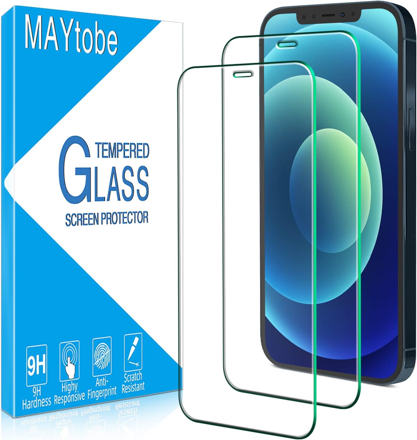 [2 Pack 12 12 MAYtobe Screen Protector for iPhone and iPhone Pro Tempered Glass Film, Bubble Free, Case Friendly, Easy