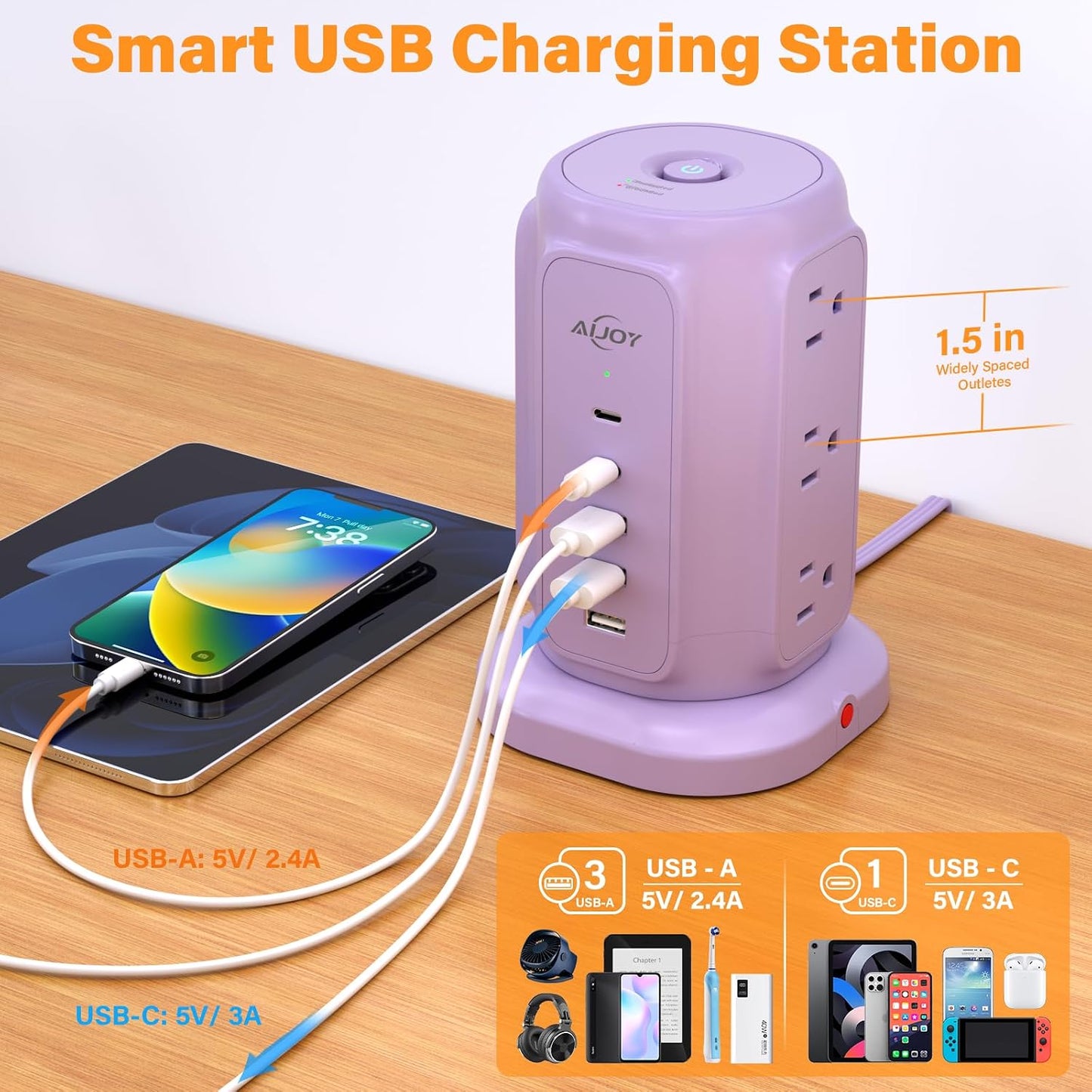 AiJoy 9 5 1200J 1625W USB C Power Strip Tower, AC Outlets and USB Ports Power Tower, Surge Protection, Flat Plug