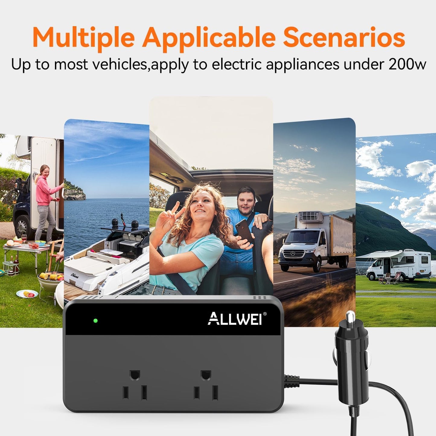 ALLWEI 200W 12V 110V 4 Port(2xUSB 2xUSB Car Power Inverter, DC to AC Car Inverte with USB Fast Charging A, C)- Car
