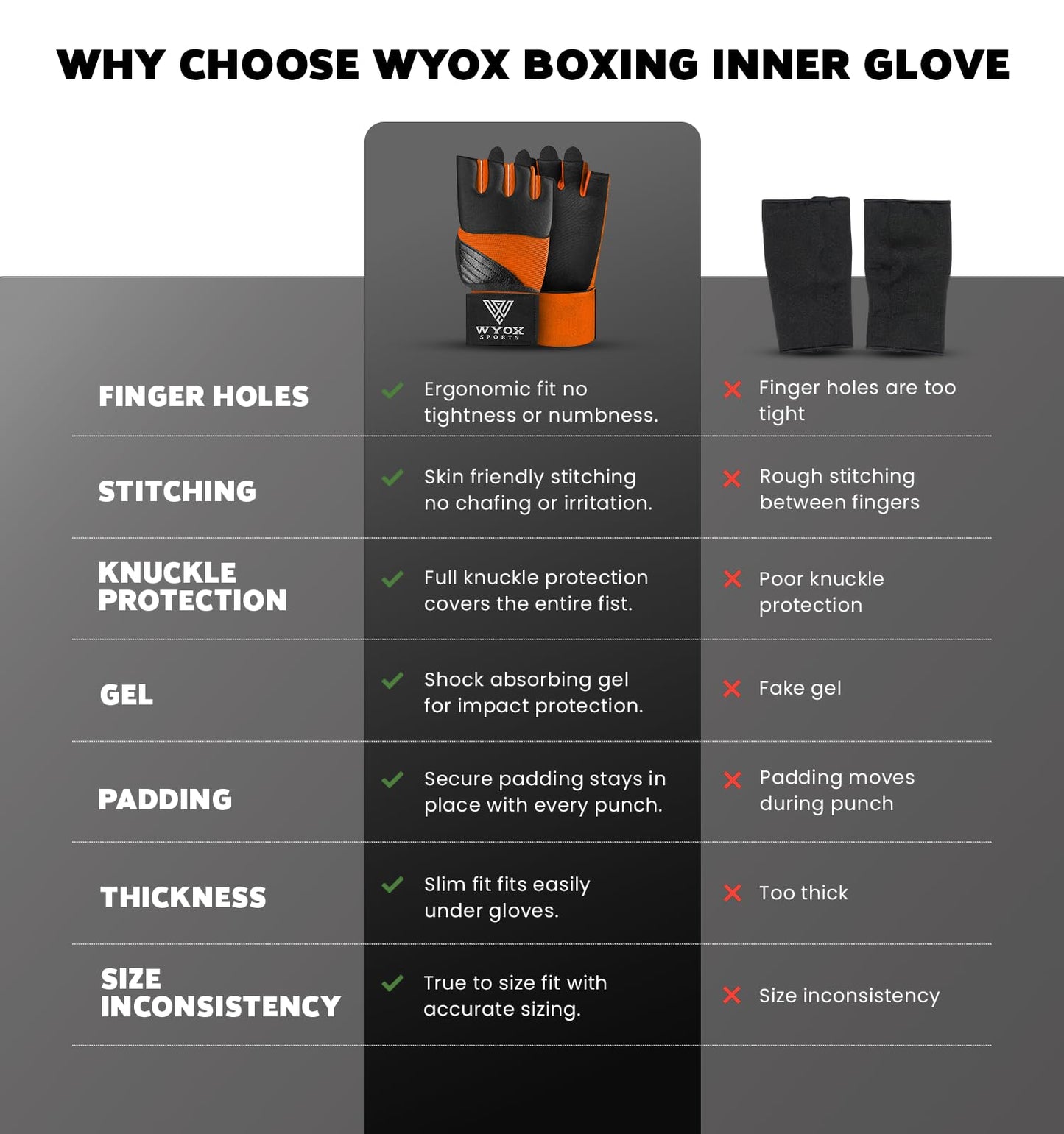 WYOX Gel Boxing Hand Wraps Inner Gloves for Men & Women, 80cm Quick Wrist Straps, Padded Knuckle Protection for Muay Thai Kickboxing, Hand Wraps for Boxing & Martial Arts (Orange, XS)