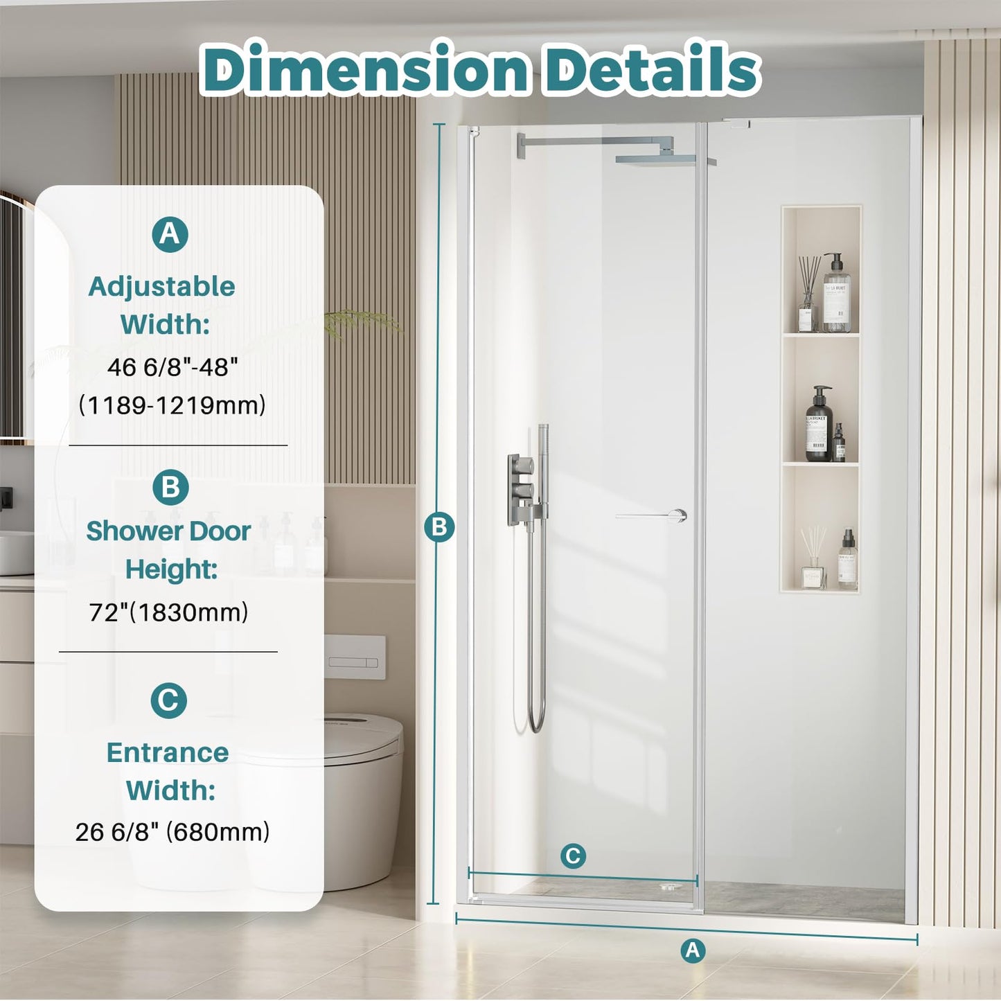 Bathbliss 46-48" W×72" H Shower Door Pivot, 1/4"(6mm) Thick Clear Tempered Glass with SGCC & ANSI, Reversible Installation Glass Shower Door, Chrome