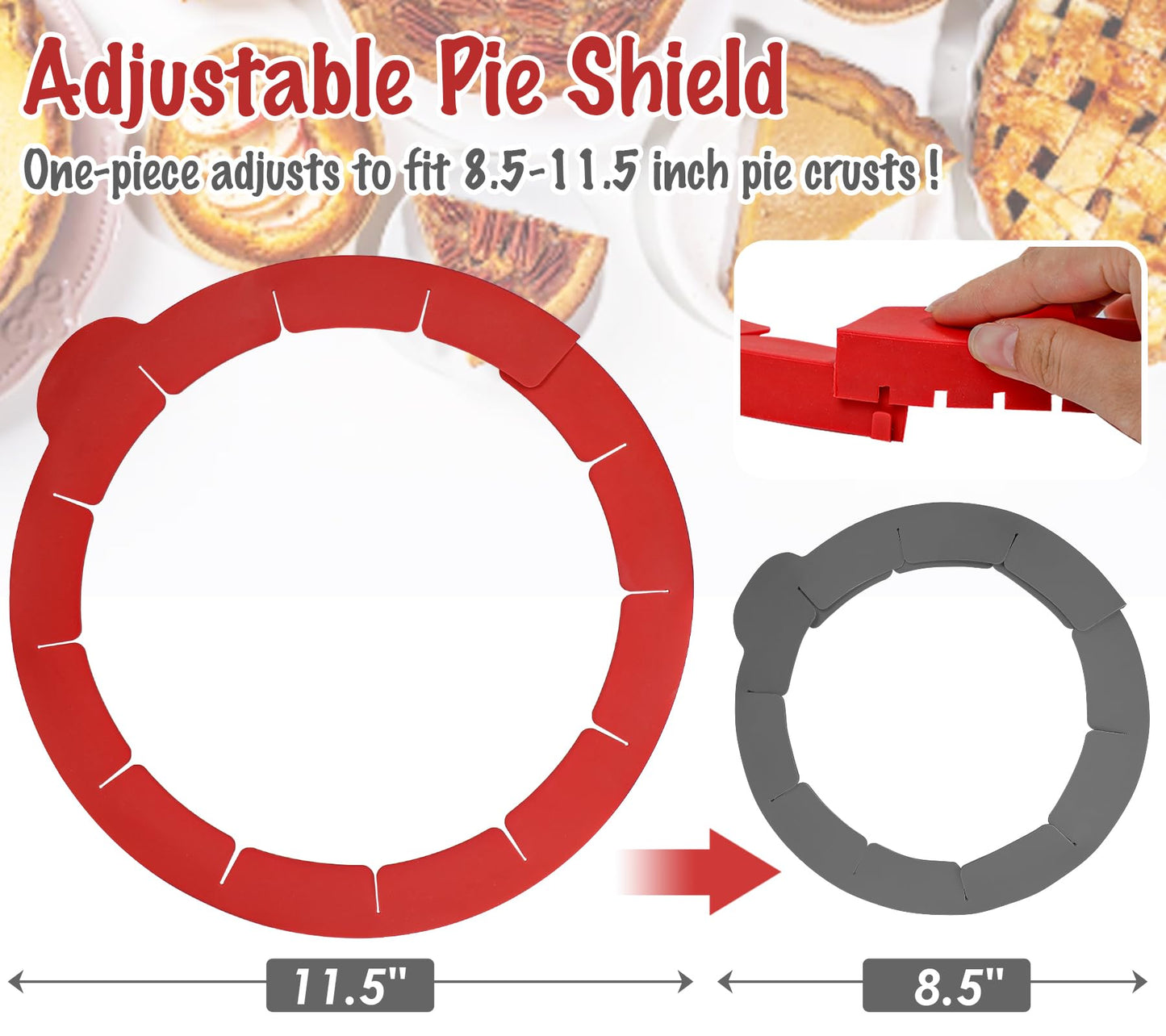 Webake Pie Crust Protector Shield Adjustable Pie Crust Shield Fits 11.5-9 Inch Pie Pan, European Food Grade Silicone Pinch Test Passed, for Baking Party Pie Tart, Pack of 2, Red and Grey