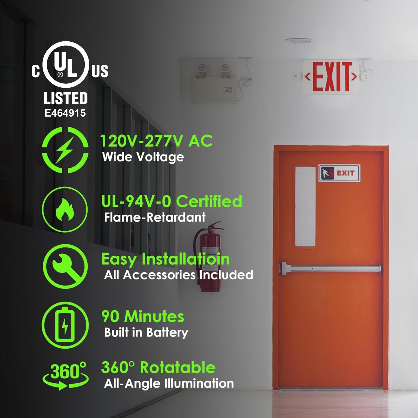 Gruenlich LED Exit Sign Combo with Emergency Lights, Adjustable Heads, Battery Backup, UL 924 Qualified, AC 120-277V, Commercial Emergency Exit Light for Business- 12 Pack