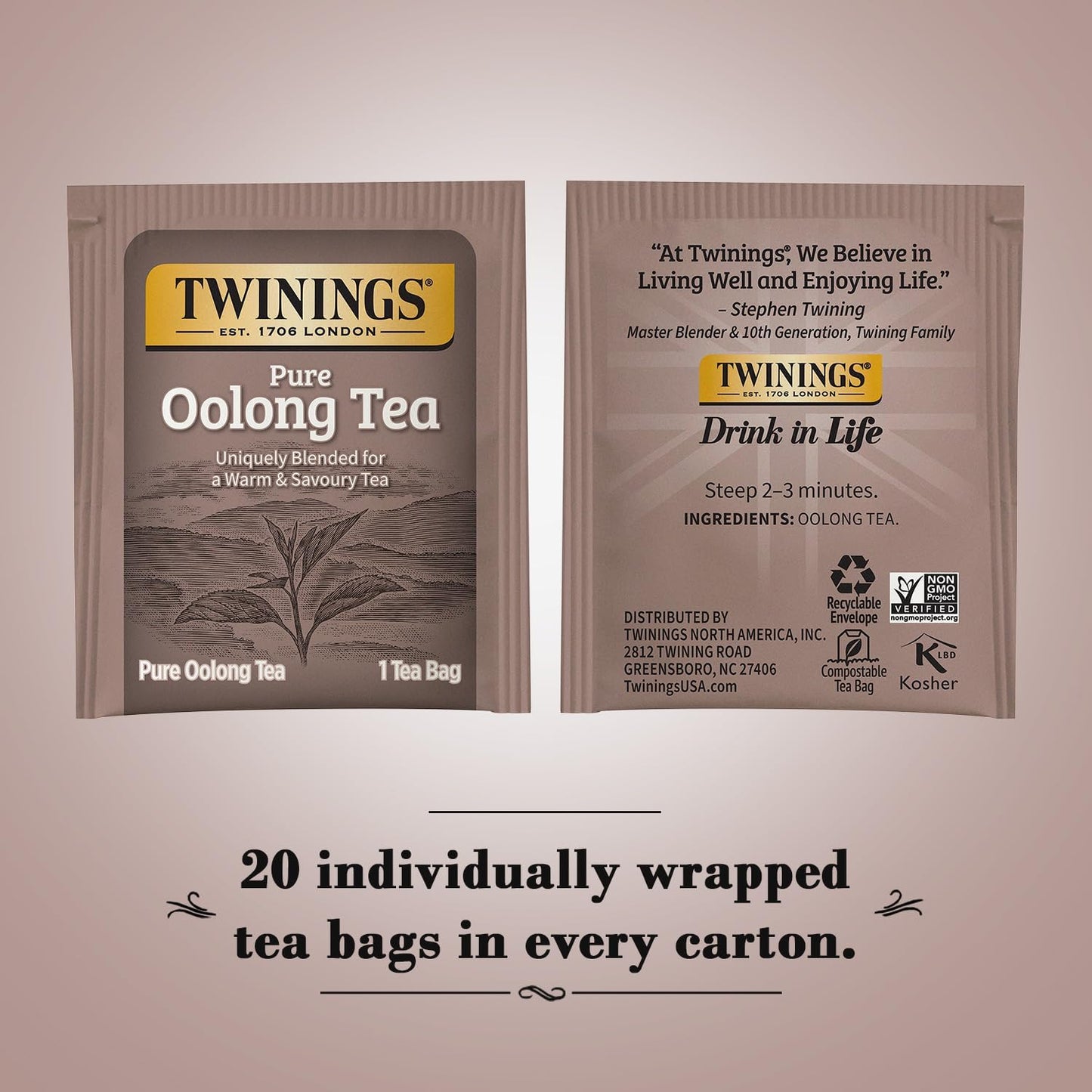 Twinings Pure Oolong Tea - Golden Caffeinated Tea Bags, 2-Pack of 20 Individually Wrapped Bags