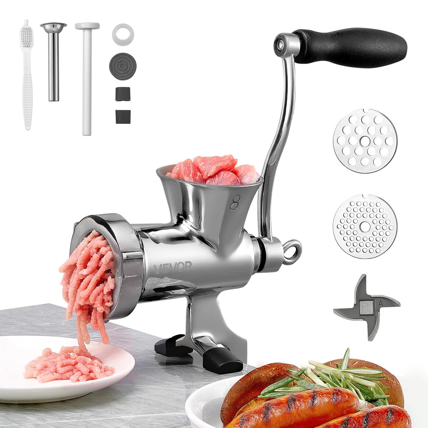 VEVOR Manual Meat Grinder, 304 Stainless Steel Hand Crank Meat Mincer with Steel Table Clamp, Sausage Stuffer with 2 Cutting Plates & Sausage Tube, Food Grinder for Beef Chili Pork Kitchen Tabletop