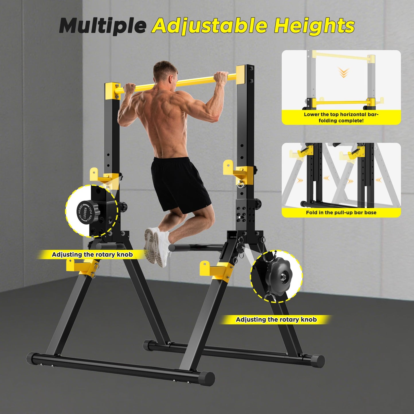DlandHome Foldable Power Tower Pull Up Bar Dip Station, Adjustable Height Multifunction Workout Pull Up Tower Station for Home Gym, Strength Training Equipment, Triangular Legs, Up to 330lbs, Yellow