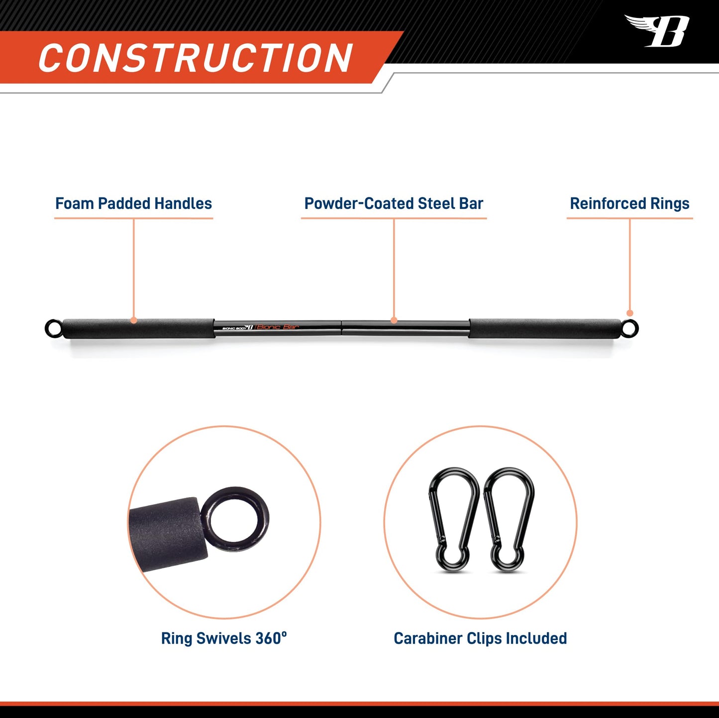 Bionic Body 36 Inches Light Weight Resistance Training Straight Bar – Fits All Resistance Bands/Accessories with Carabiners BBEB-020