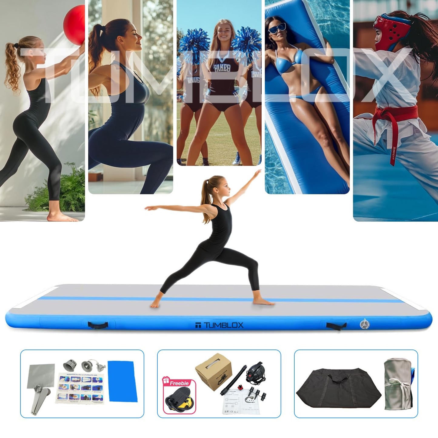 TUMBLOX Air Gymnastics Mat Inflatable & Tumbling Mat – 4/8 Inches Thick with Electric Pump + Free Foot Pump – Ideal for Home, Gym, Water, and Beach Use (Blue, 10ft*3.3ft*4in(3 * 1 * 0.1m)