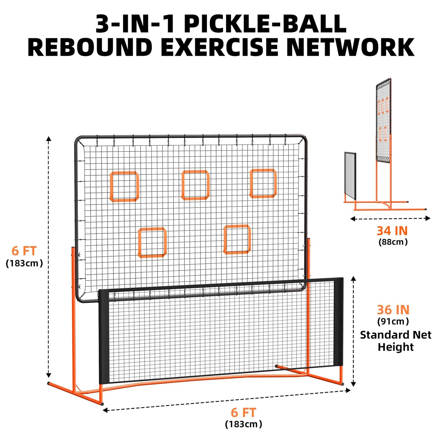 FAHKNS Pickleball Rebounder Training Equipment, Pickleball Rebound Net, for Single Player Practice Hitting, Doubles, Suitable for Garage, Backyard, Park, Indoor and Outdoor (Orange, 6 x 6 FT)