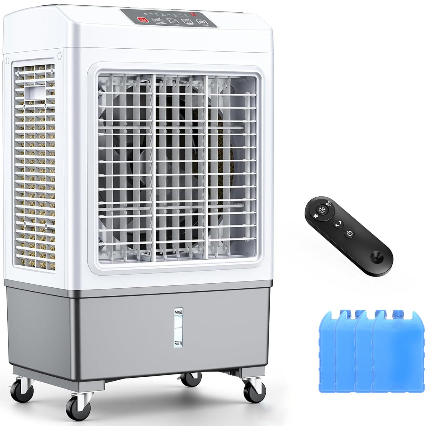 Large Windowless Portable Air Cooler, 3 in 1 Evaporative Swamp Cooler with Remote, Hoseless Ventless Fan Ac Unit, 7H Timer, 8 Gal Water Tank, 4 Ice Box for Garage, Bedroom Home Outdoor