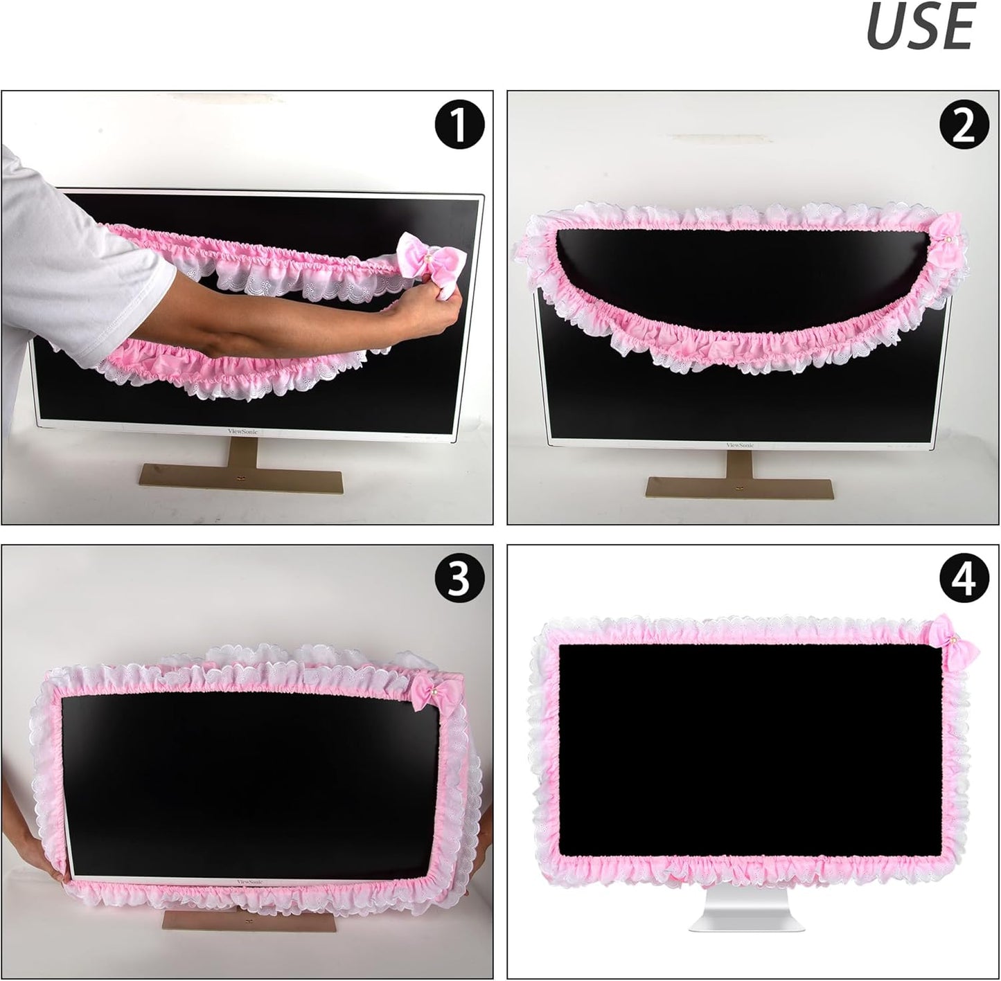 32"-38" Lovely Cute Computer Monitor Cover with Lovely Cute Elastic Pen Pocket Bow-knot TV LCD Screen Monitor