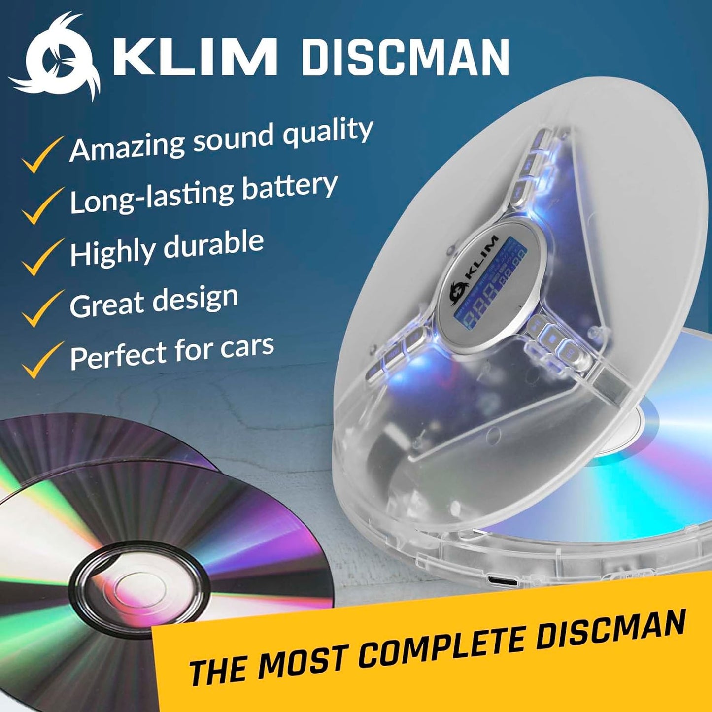 KLIM Discman MP3, 5 Portable Player with Headphones, Built-in Battery - New - Compact CD Player for Home and Car