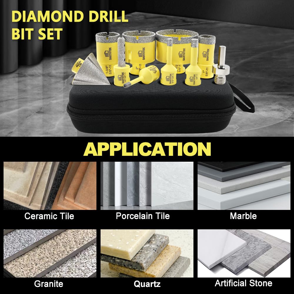 Diamond Core Drill Bits Set 10PCS - DARTOTEK Tile Hole Saw Kit (6/8/10/25/35/50/65mm/10mm/2/HEX for Porcelain, Ceramic Tile, Granite, Marble, Masonry