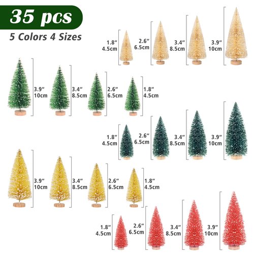 Christmas Decorations Mini Christmas Tree 35pcs,Mini Miniature Christmas Pine Tree Bottle Brush Trees Wooden Bases Tree for Your Village Desktop Xmas Holiday Party (Pink+Yellow+Blue+Green+Beige)