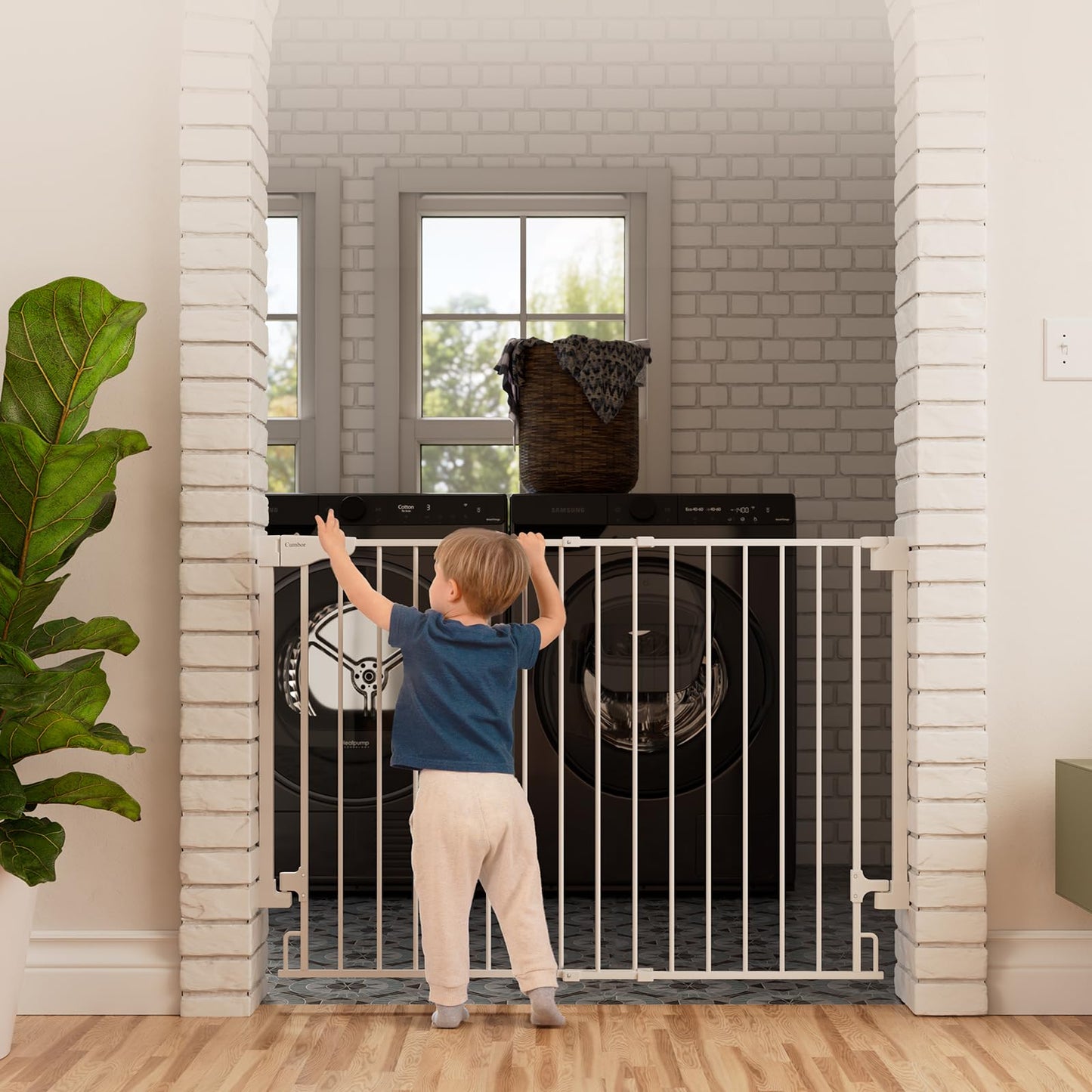 Cumbor 34" Extra Tall Baby Gate for Stairs, Hardware Mounted (Drill Required), Expandable 31.6-48" No Bottom Bar Dog Gate Indoor for Larger Pets, Large Walk Thru Door for Easy Access (White)