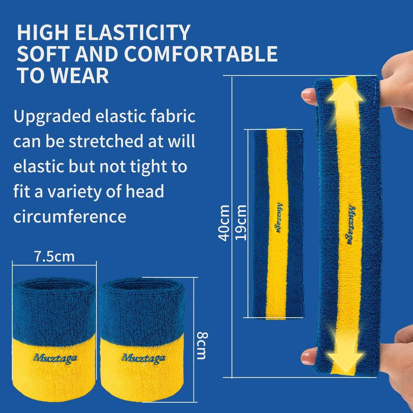 [3-Piece Set] Sweatbands for Men & Women - Includes 1 Headband & 2 Wristbands - Blue & Yellow Terry Cloth Athletic Sweat Bands - Moisture Wicking for Basketball, Tennis, Gym, Running