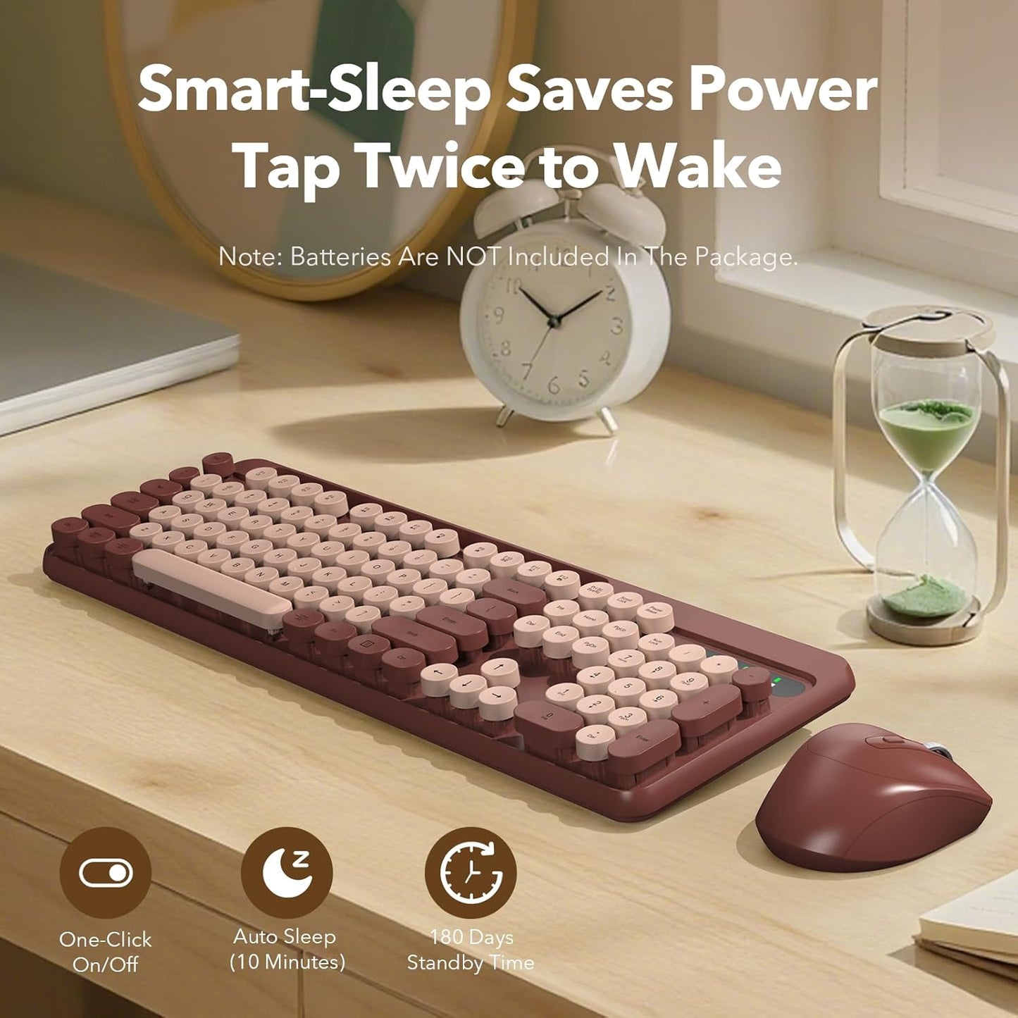 Trueque 2.4GHz Wireless Keyboard and Mouse Combo, Retro Round Keycaps, Full-Size Cute Typewriter Keyboard with Large