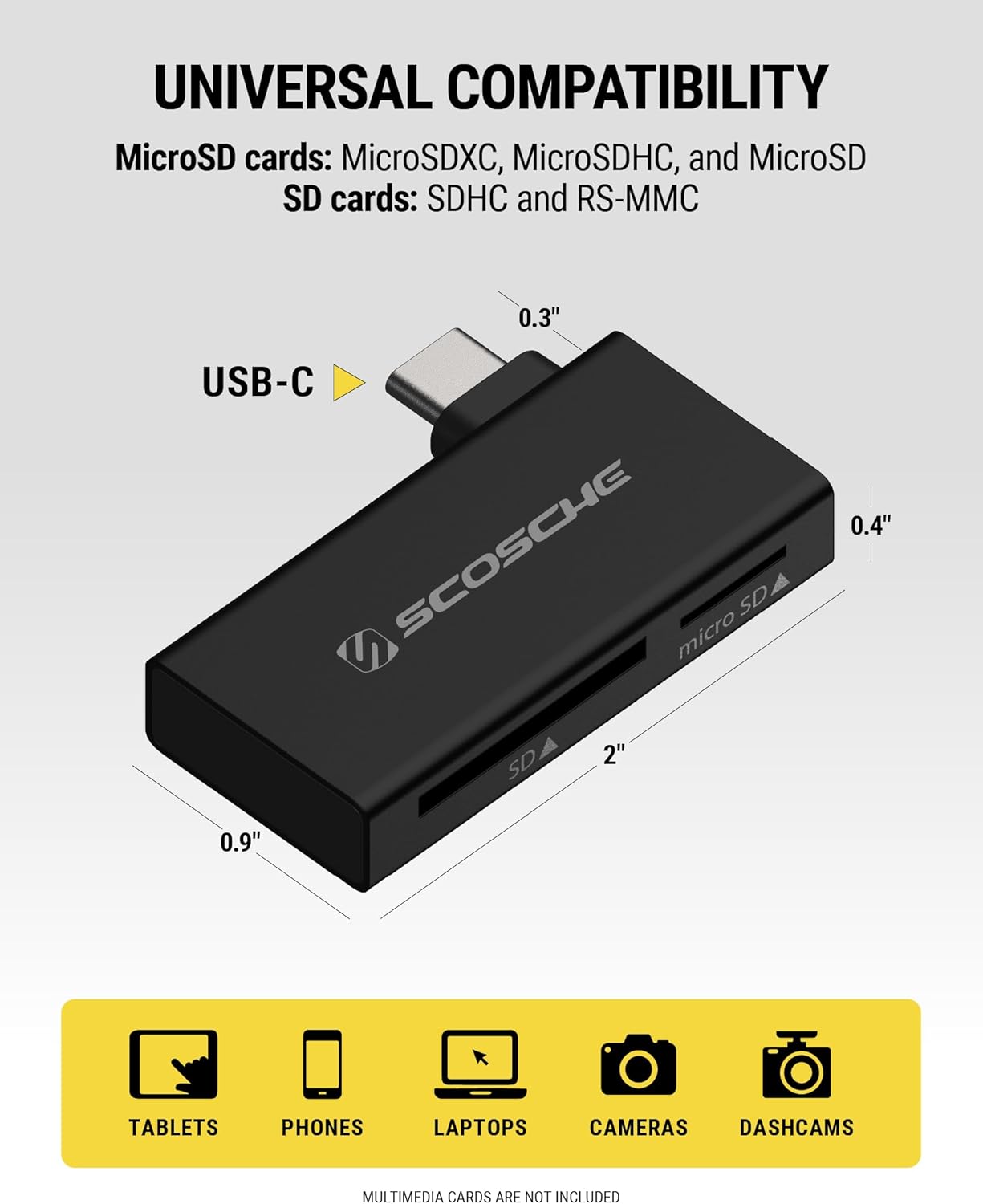 MCRA2 RS-MMC 2-in-1 16, Scosche Dual Slot Memory Card Adapter for SD/Micro SD, SDHC, SDXC and Cards, High Speed USB-C