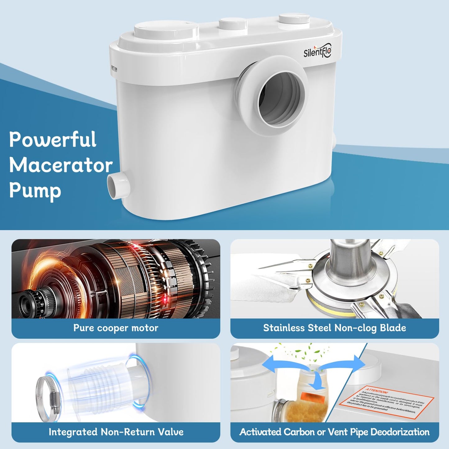 750W Macerator Pump, Advanced Grinding Upflush System, Macerating Toilet Sewerage Pump for Basement, Sink, Toilet, Laundry, Kitchen