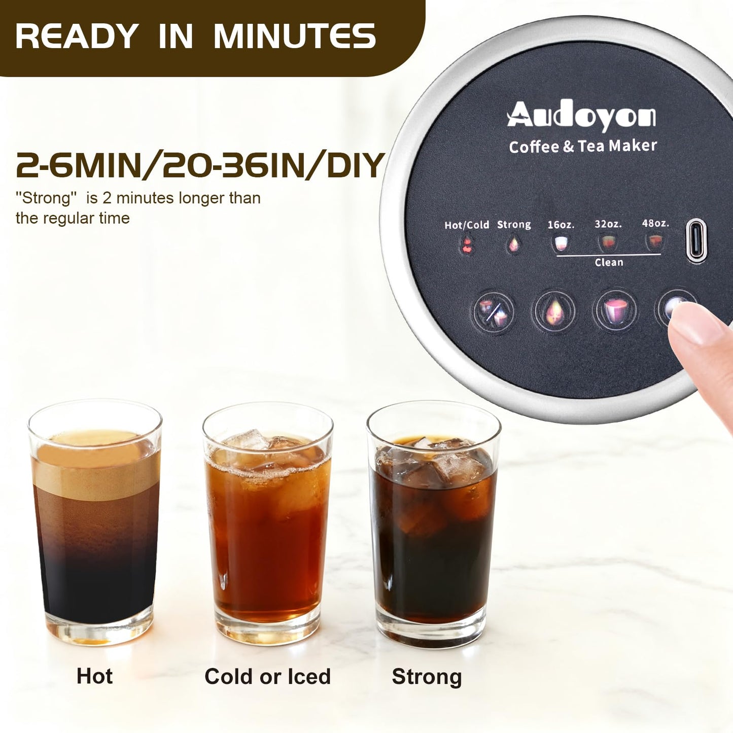 Audoyon Portable Rapid Coffee Maker – 2-6 Min Quick Brew Electric Coffee & Tea Infuser Makes Smooth, Low-Acid Coffee, 16oz Stainless Steel Travel Cup for Camping, Office, Hiking, Beach, Hotel, RV